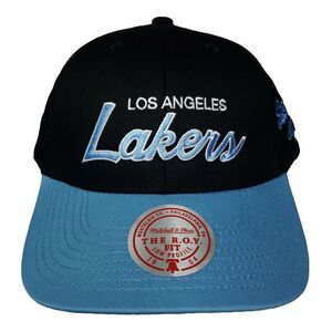 LA Lakers Mitchell & Ness NBA Dad‎ Hat Cap 3D Script Logo Black Light Blue NWT